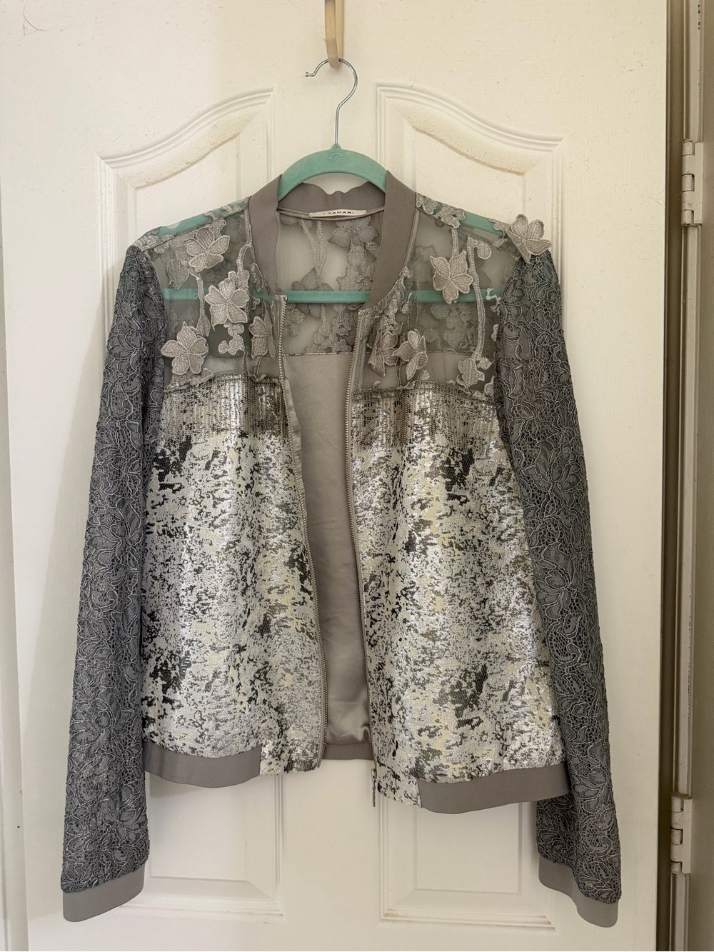 Tahari Fatima Elegant Grey Floral Lace and Metallic Bomber Jacket